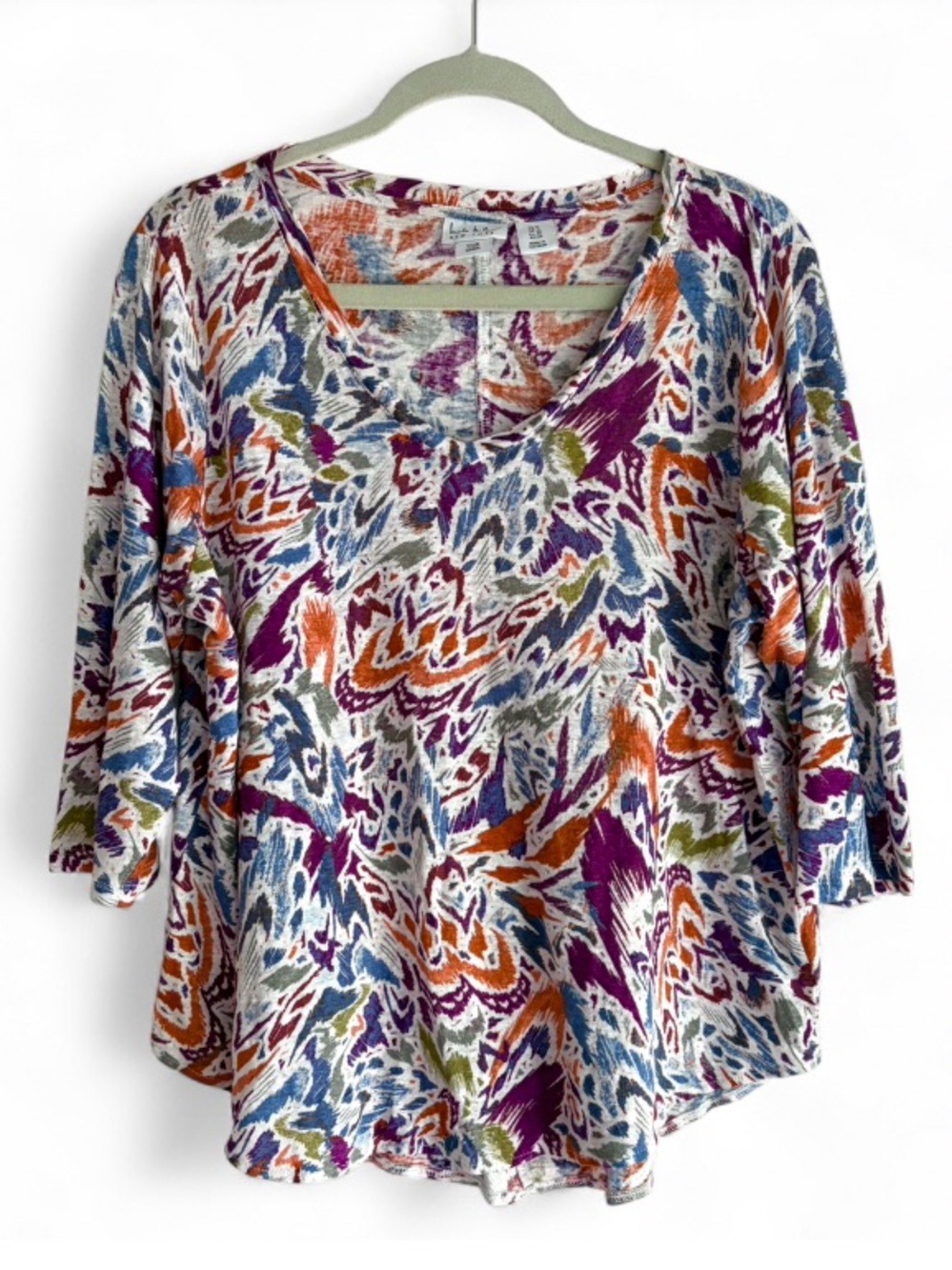 Nicole Miller 3/4 Sleeve V Neck 100% Linen Tee Shirt Size 1X